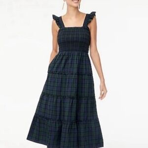 J. Crew Tartan Black Watch Plaid Smocked Poplin Dress Tiered